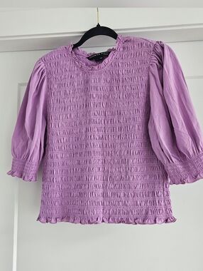 Veronica Beard Langston Lavender Smocked Puff-Sleeve Top 100% Cotton - Large